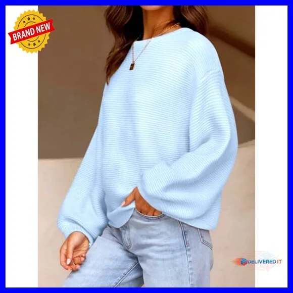 Ribbed Knit Pullover Sweater Oversized Lantern Sleeves Chic Casual Tops - Picture 4 of 7